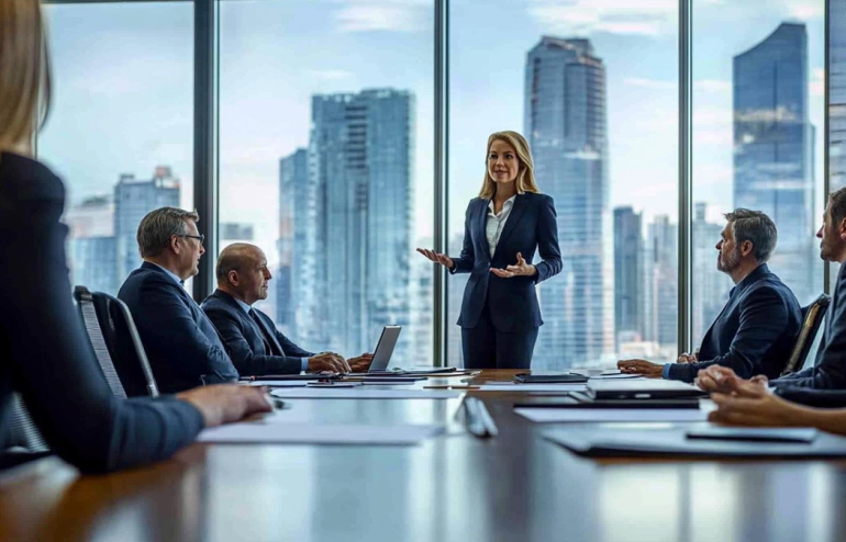 Businesswoman presenting at a conference table with city skyline behind her; colleagues listen and take notes from laptops and documents.