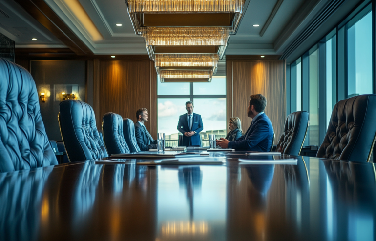 Board directors asking questions in a corporate boardroom setting with presentation screen