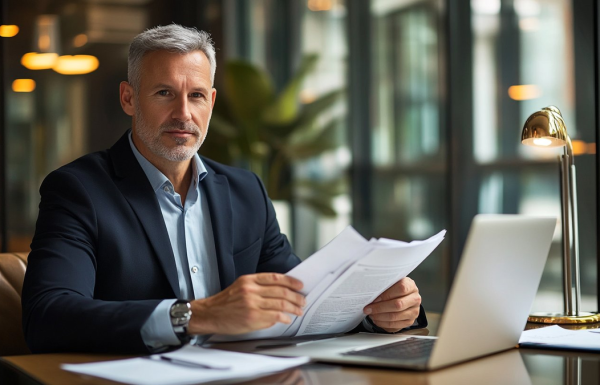 Professional man in a navy suit reviews documents at a desk with a laptop in a modern office.