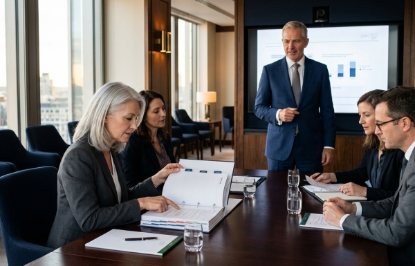 Business meeting in a glass-walled conference room; a man in a blue suit presents a slide while four colleagues review documents.