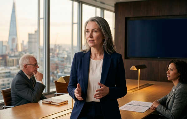 Senior female executive presenting a board deck in a modern UK boardroom, two non-executive directors listening attentively at a long oak table — editorial photograph