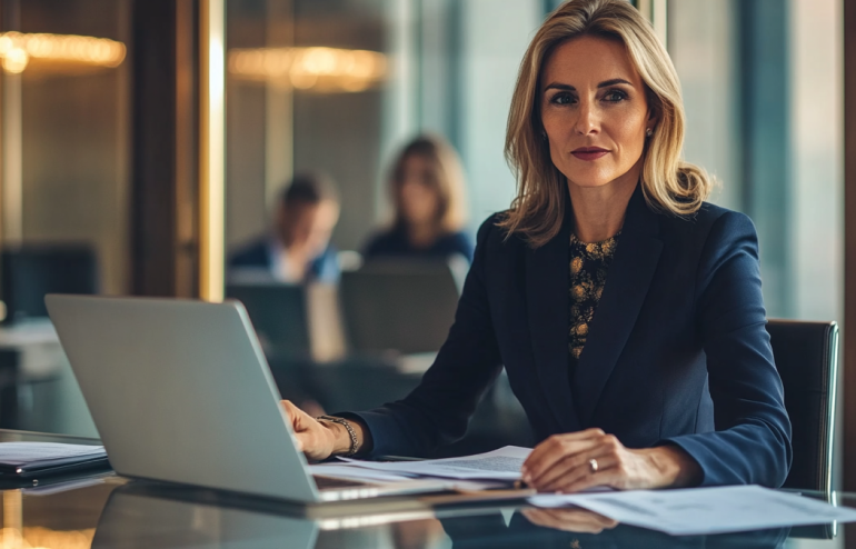Executive at a boardroom table reviewing a follow-up slide deck after a board meeting, with printed action items and a laptop open to a presentation