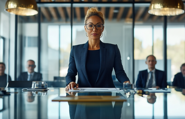 A confident executive woman standing at the head of a boardroom table delivering her opening line to attentive board members, navy suit, professional lighting, editorial photography style