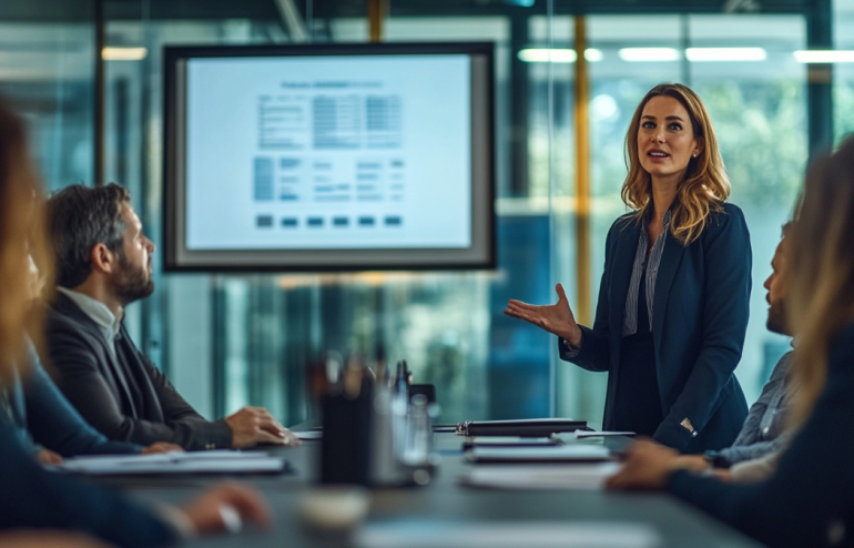 Female executive presenting board paper slides to non-executive directors, confident posture, glass-walled boardroom, navy and gold