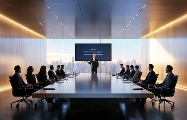 CEO presenting strategy to formal board table with engaged Non-Executive Directors, large screen showing clean structured strategy slide with navy and gold accents, corporate governance atmosphere