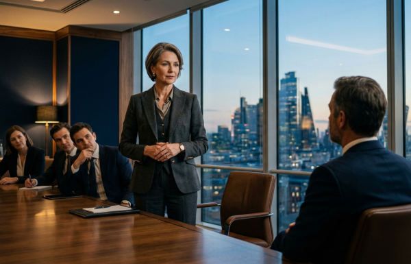 Senior female executive pausing mid-presentation in a modern boardroom at dusk, holding the room's attention through deliberate silence.