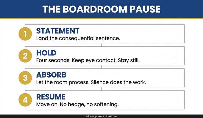 The Boardroom Pause Framework infographic: four stages showing Statement, Hold, Absorb, Resume with the four-second silence at the centre.