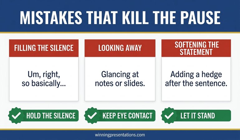 Three mistakes that kill the boardroom pause comparison infographic: filling the silence, looking away, and softening the statement, shown with the corrective behaviour for each.