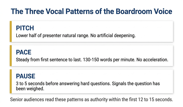 The three vocal patterns of the boardroom voice infographic showing pitch (lower half of presenter natural range, no artificial deepening), pace (steady from first sentence to last, no acceleration under questioning, between 130 and 150 words per minute), and pause (3 to 5 seconds before answering hard questions, signals the question has been weighed) — with the principle that senior audiences read these three patterns as authority within the first 12 to 15 seconds of speech.