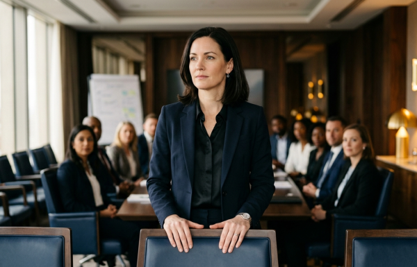 Professional woman in a navy suit stands at the head of a conference table, addressing a seated group of colleagues in a modern boardroom.
