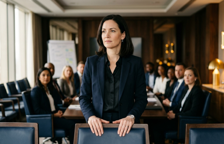Professional woman in a navy suit stands at the head of a conference table, addressing a seated group of colleagues in a modern boardroom.