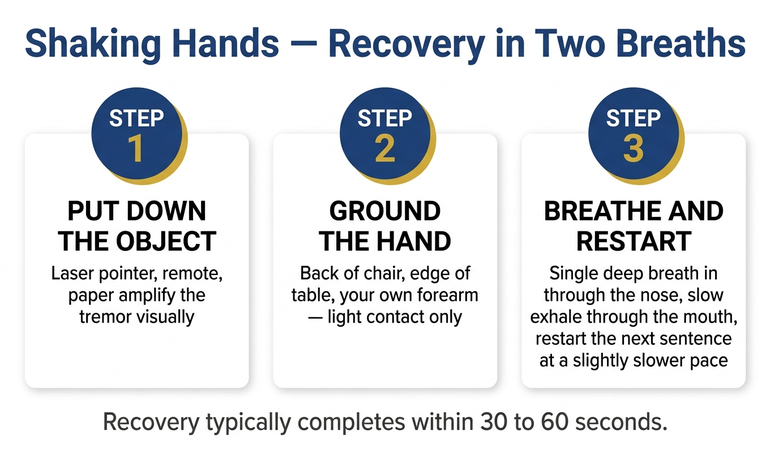 The three-step shaking hands recovery infographic showing step 1 (put down the held object — laser pointer, remote, paper amplify the tremor visually), step 2 (ground the hand on a stable surface — back of chair, edge of table, your own forearm), step 3 (single deep breath in through the nose, slow exhale through the mouth, restart the next sentence at a slightly slower pace) — with the principle that recovery typically completes within 30 to 60 seconds.