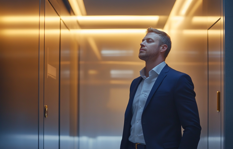 Executive standing calmly in corporate corridor before presentation, composed posture, soft lighting suggesting inner calm, modern office environment with navy and gold tones