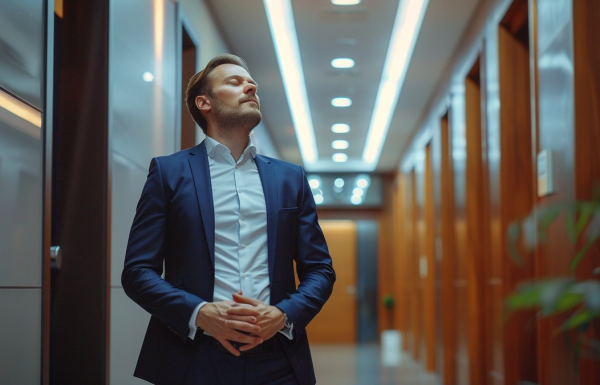 Professional person practising calm breathing before a high-stakes presentation with composed expression