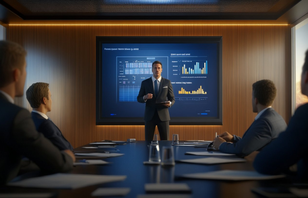 An executive standing in a corporate boardroom defending a budget presentation with financial charts on screen while sceptical finance leaders seated on both sides evaluate the proposal