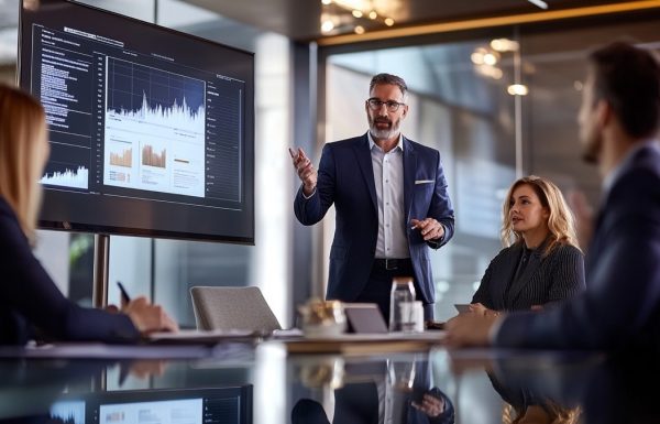 A finance director presenting a revised budget proposal to a sceptical finance committee in a corporate boardroom, navy and dark tones, editorial photography style
