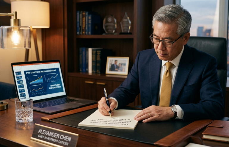 A suited man signs a document at a polished desk, with a laptop showing financial charts to his left.