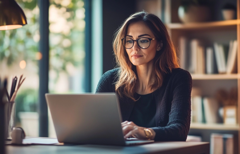 Female executive attending live online training cohort on laptop in professional home office, focused and engaged, navy and gold tones