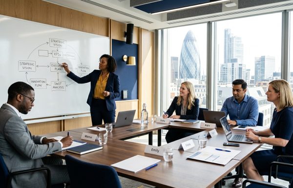Professional woman leads a business meeting, pointing to a whiteboard with a strategic flow diagram while colleagues listen around a long conference table in a glass-walled office with city skyscrapers outside.
