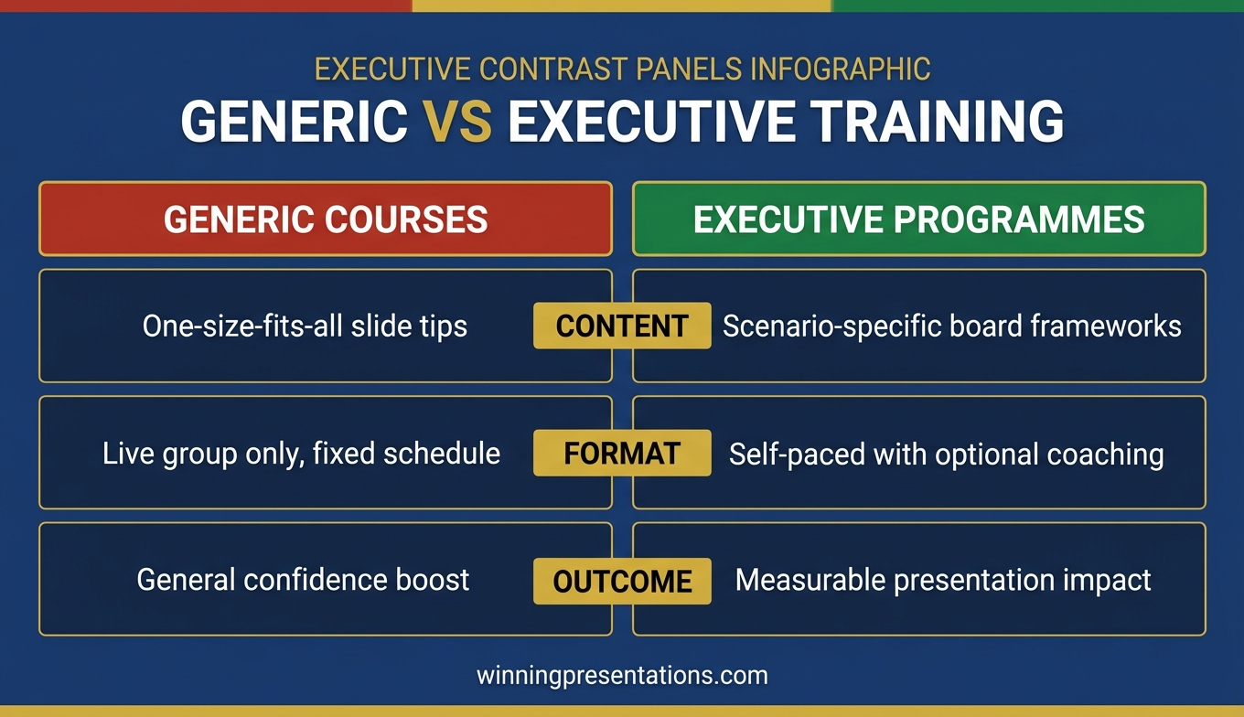 Comparison chart showing what executive presentation training should include versus what generic courses typically cover: structural methodology, scenario-specific practice, stakeholder analysis, and Q&A frameworks versus slide design, body language tips, and generic role-plays