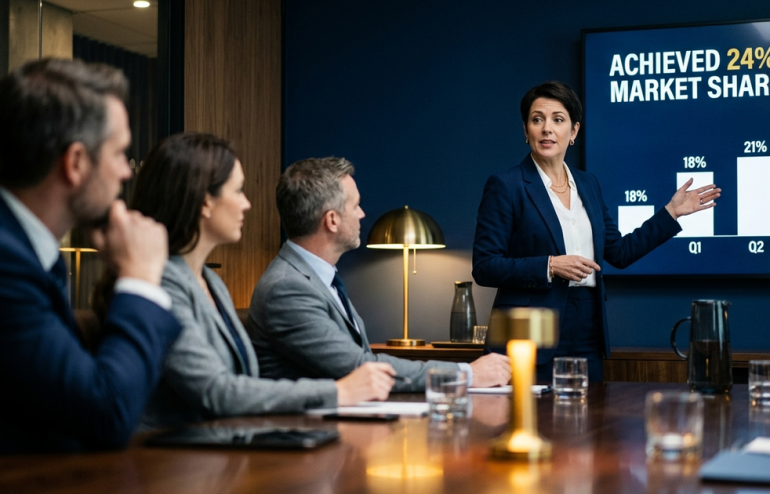 Senior executive presenting a narrative-led slide to attentive directors in a navy and gold boardroom, editorial photography style