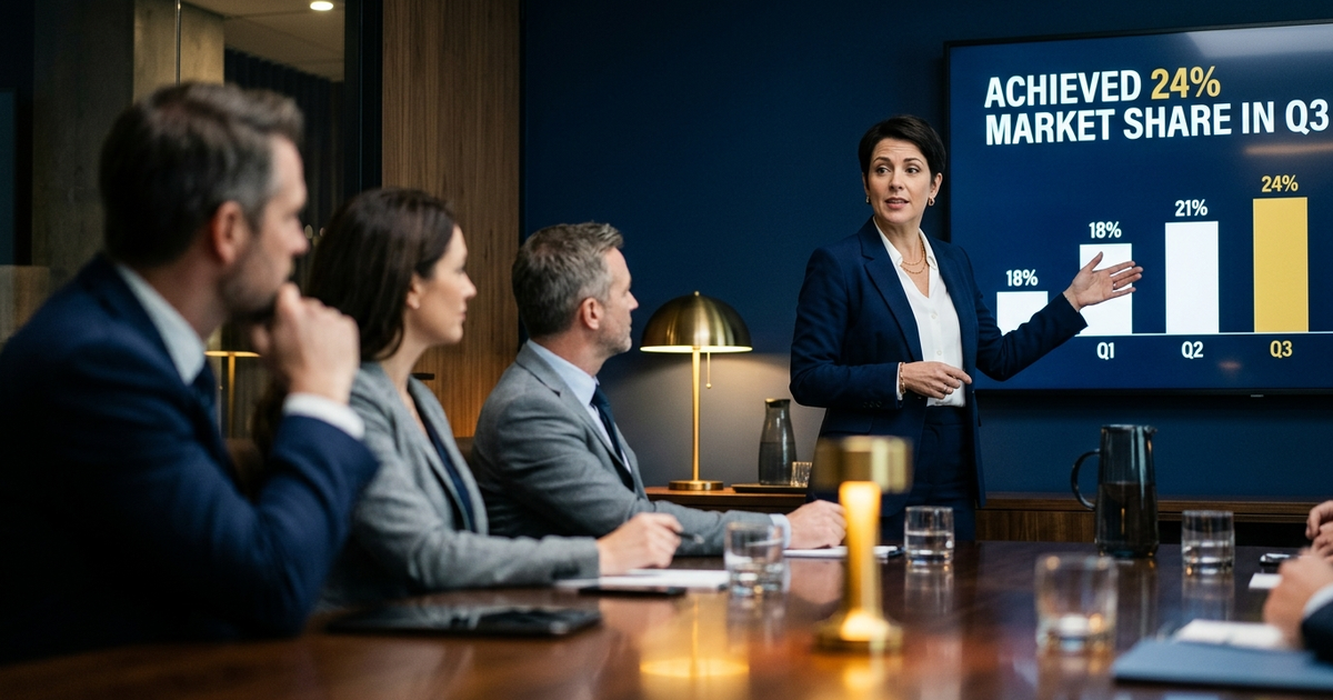 Senior executive presenting a narrative-led slide to attentive directors in a navy and gold boardroom, editorial photography style