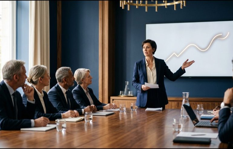 Businesswoman standing and presenting a graph to executives around a wooden conference table with a projected line chart behind her.