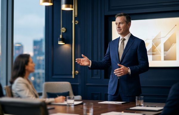 Senior executive presenting a structured narrative chart to a small executive committee in a modern boardroom, navy and gold tones, editorial photography style