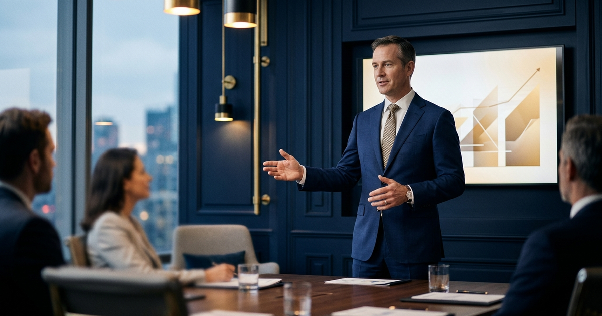 Senior executive presenting a data-led narrative slide to a small executive committee in a modern boardroom, navy and gold tones, editorial photography style