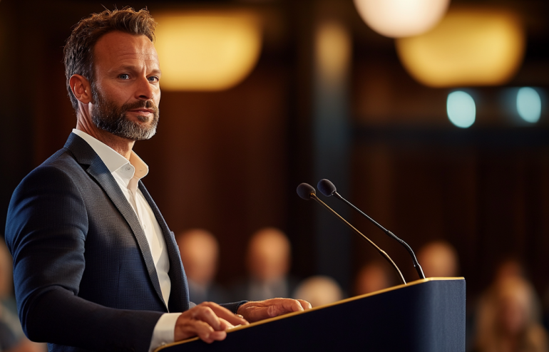 Executive at a podium handling a Q&A session with composure and confidence