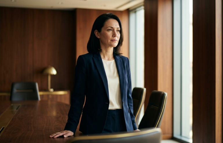 Senior executive woman standing composed in a modern boardroom before a presentation — calm under pressure editorial photo