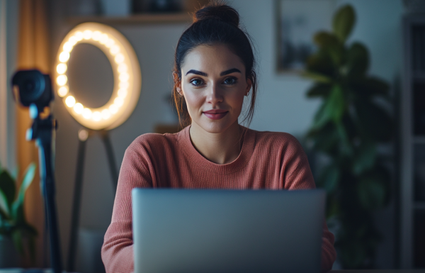 A professional woman presenting on a video call with camera on, well-lit home office setup, laptop with ring light visible, attentive expression, navy background, editorial photography style