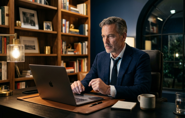 Senior male executive in his mid-50s sitting at a home office desk in front of a laptop, contemplative expression, navy bookshelf and accent wall behind, soft front lighting