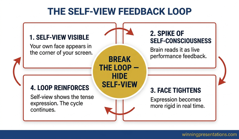 Cycle infographic showing the self-view feedback loop that camera-shy executives experience: real-time self-view triggers small spike of self-consciousness which tightens facial expression which feeds back through the self-view tile