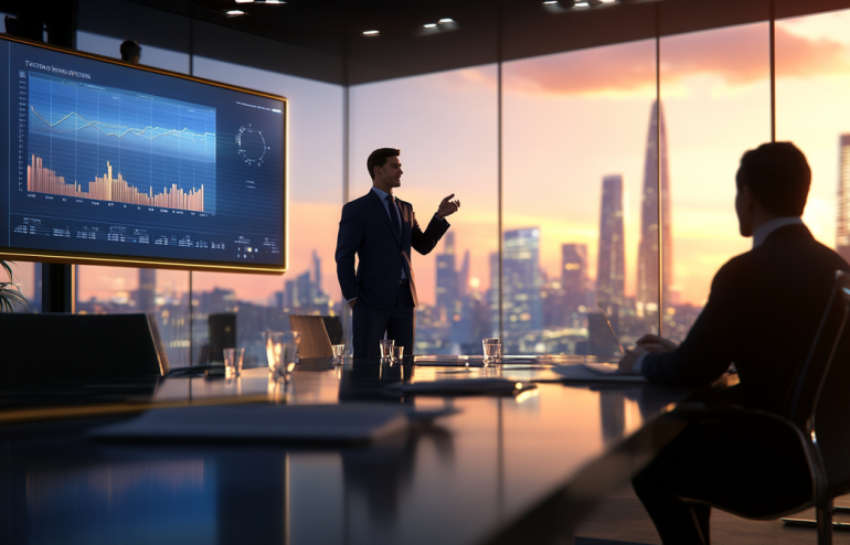 Executive presenting capital expenditure proposal to CFO in modern glass boardroom, confident posture, financial charts visible on presentation screen, navy blue and gold corporate setting