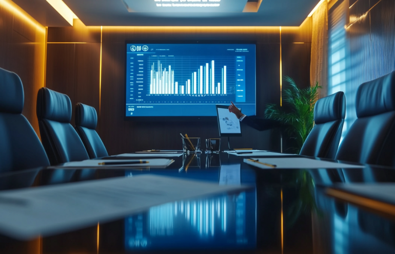 Executive presenting a capital expenditure request with financial charts visible on a boardroom screen