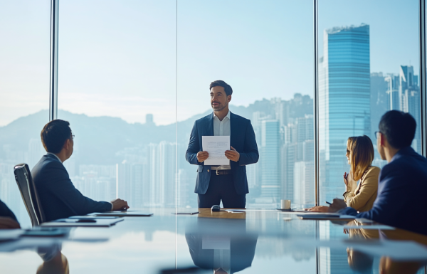 Senior male executive in a boardroom presenting a career transition proposal to a small panel of leaders, confident expression, corporate setting, editorial photography style