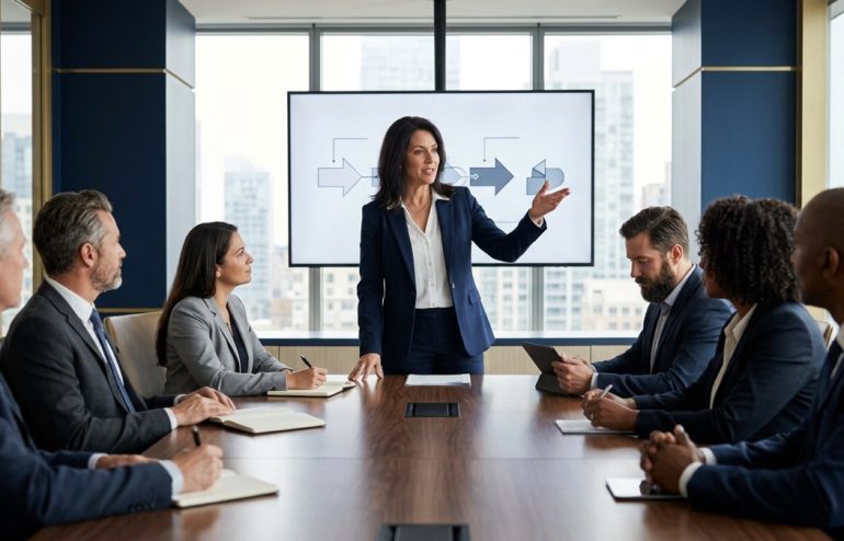 Senior executive woman presenting a change management plan on a large boardroom screen to a group of senior stakeholders in a modern glass-walled corporate boardroom with navy and gold accents