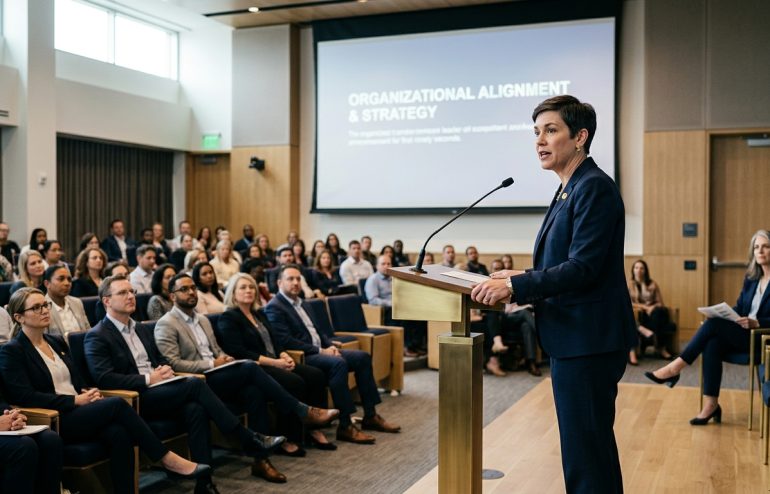 Female speaker in a navy suit at a lectern presenting to a seated audience in a conference room; slide behind reads 'Organizational Alignment & Strategy'.