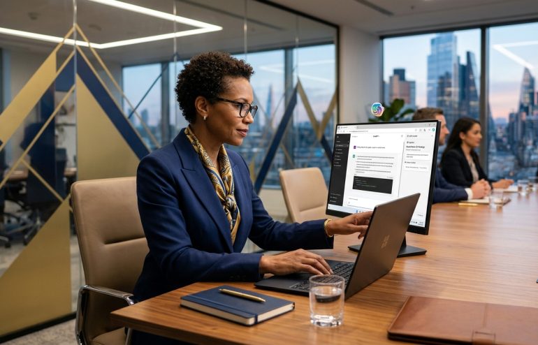 Professional woman in a navy blazer works on a laptop at a conference table, with an external monitor and city skyline through the windows behind her.