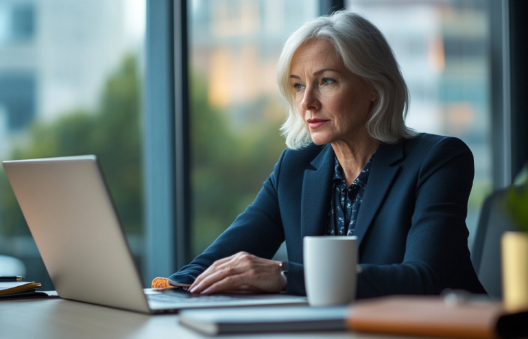 Professional woman with short gray hair in a navy blazer working on a laptop at a desk by large windows, with a white mug nearby.