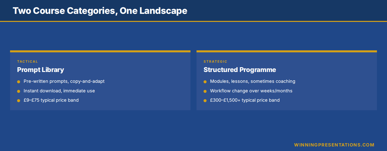 Comparison infographic showing the two distinct ChatGPT course categories for executives: tactical prompt libraries which are pre-written copy-and-adapt resources at low price points, versus strategic structured programmes which are modular courses with coaching at higher price points, with use case and pricing ranges for each