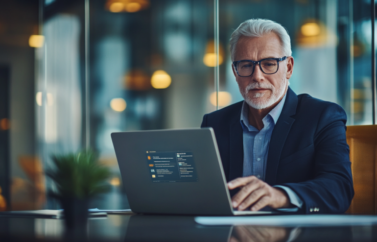 Senior executive using AI tools to build executive PowerPoint presentations