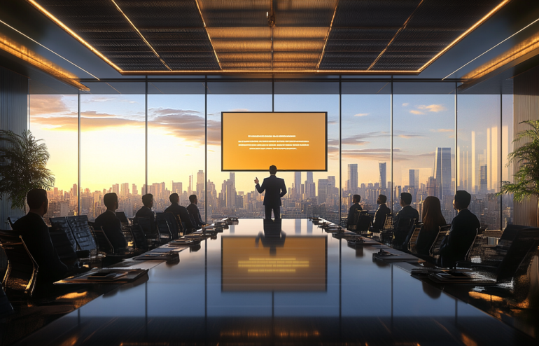 Executive presenting accountability-first client escalation deck in a corporate boardroom with navy and gold tones