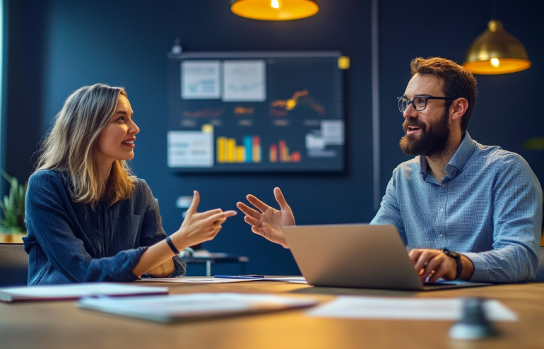 Two professionals in a quarterly business review meeting across a conference table, navy and gold corporate environment, collaborative discussion atmosphere