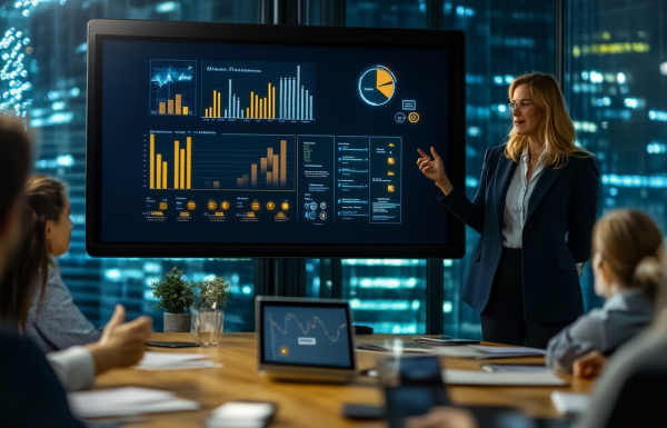 Executive presenting a client retention quarterly review in a modern boardroom with value metrics on screen showing client ROI progress