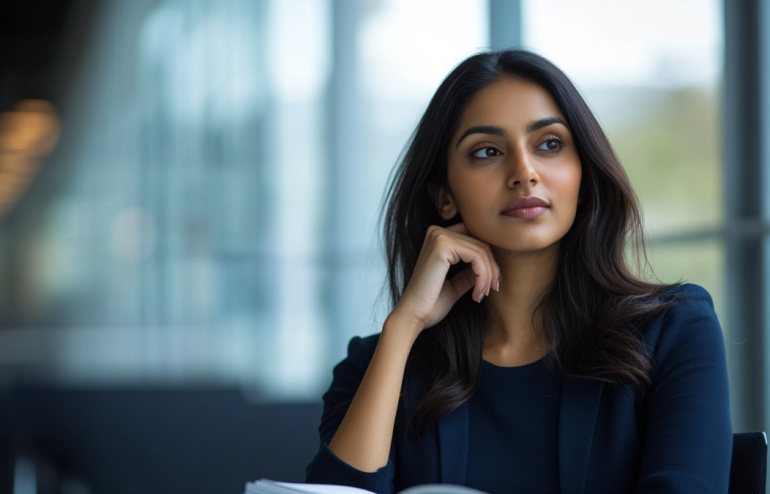 Executive sitting calmly in a quiet corporate office before a high-stakes presentation, composed and focused, reviewing notes, navy tones, editorial photography style