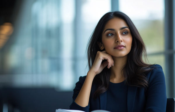 Professional woman reframing anxious thoughts before a high-stakes presentation