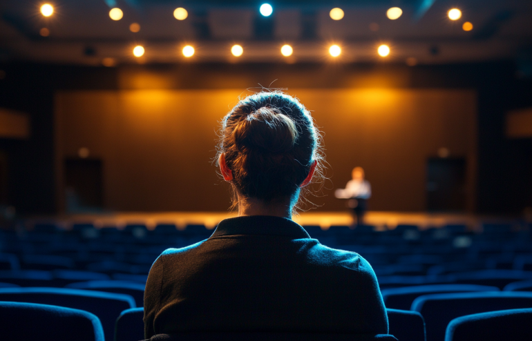 Executive watching a presentation from the audience with visible tension while a confident speaker presents on stage in a corporate conference setting
