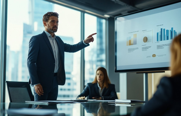 Businessman in a suit points at a large screen displaying charts during a boardroom presentation to colleagues in a glass-walled office.